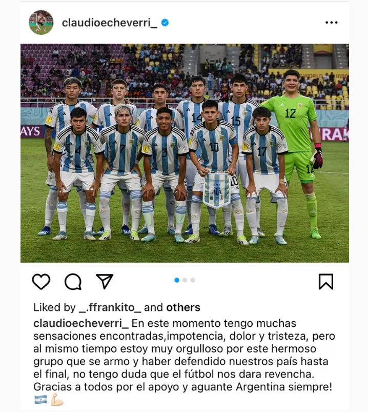 El jugador de River, una de las figuras del Mundial de la categoría que se juega en Indonesia, utilizó su cuenta de Instagram para dar un mensaje de apoyo a sus compañeros.