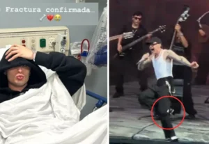 El cantante Peso Pluma se fractura una pierna en pleno recital.