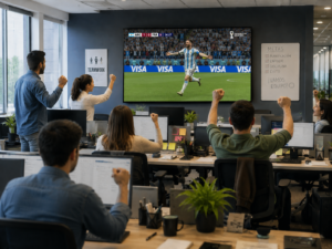 Personas mirando un partido de fútbol por televisión