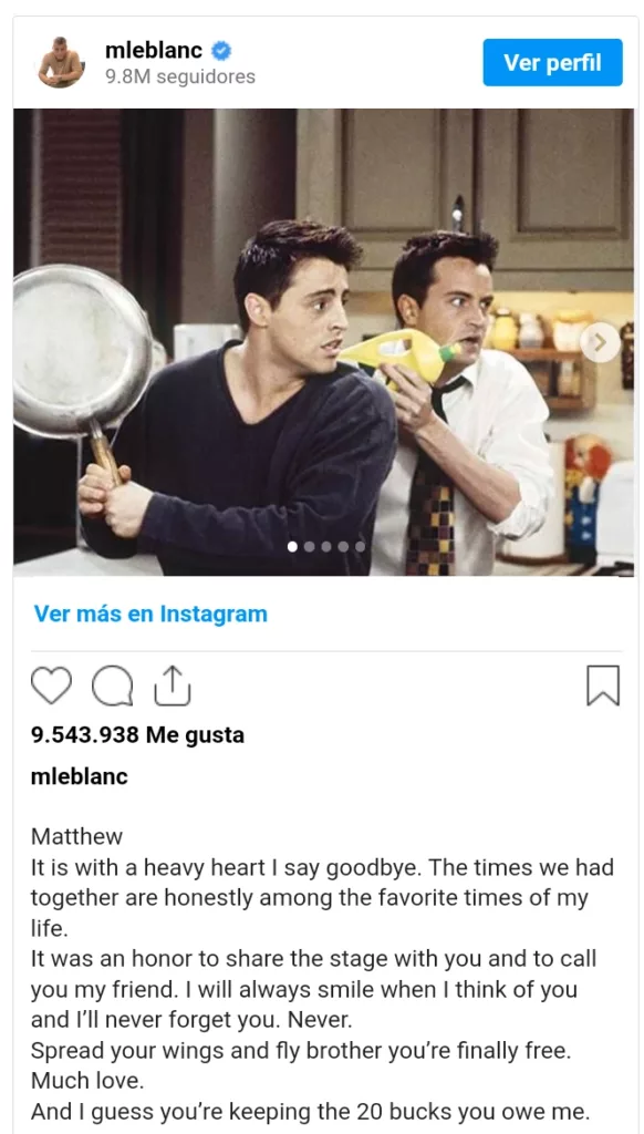 En esta ocasión, quien interpretó a "Joey Tribbiani" escribió unas sentidas palabras en honor a su amigo y compañero de show.  