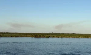 Humo y fuego sobre los humedales frente a la costa del Paraná
