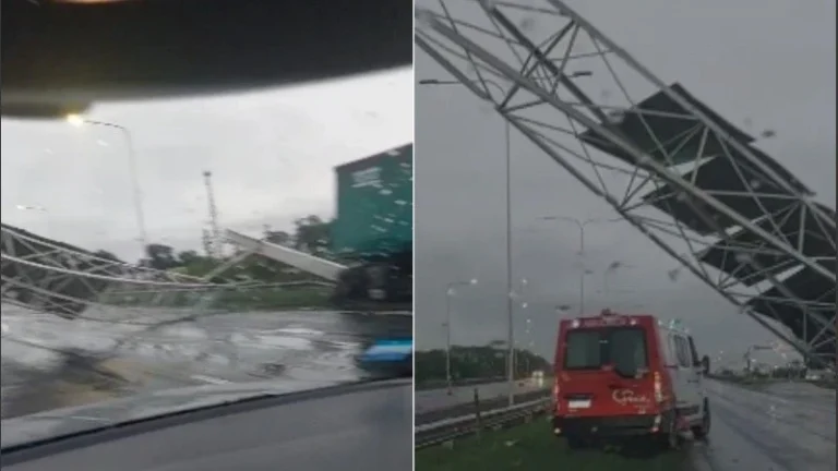 Un cartel caído genera peligro en la autopista Rosario–Santa Fe.