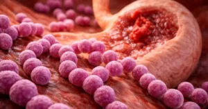 Representación de la bacteria Helicobacter pylori en el estómago humano