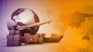 Contenedores y barcos de carga en un puerto internacional